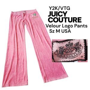 JUICY COUTURE Sz M Y2K Vintage Pink Velour Tracksuit Flare Leg Bling Logo Pants